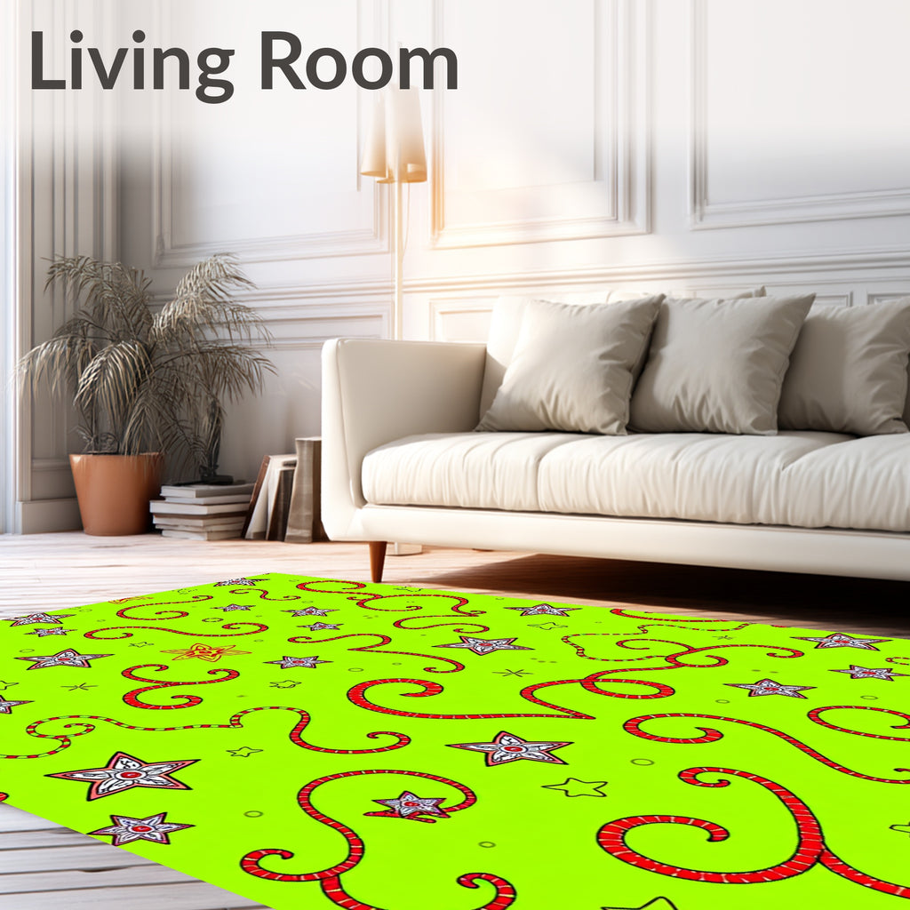 Whimsical Red Swirl Starburst Green Rug