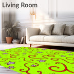 Whimsical Red Swirl Starburst Green Rug