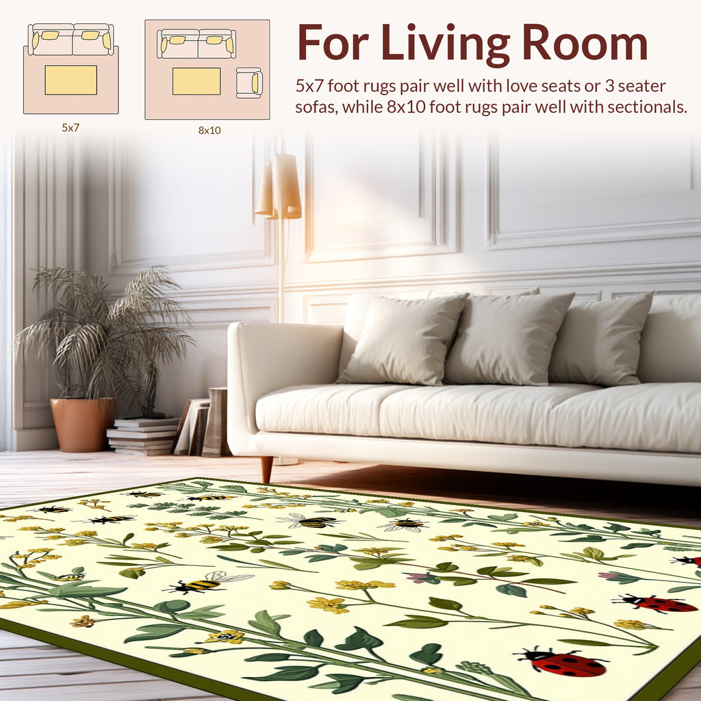 Whimsical Bees and Ladybugs Garden Print Rug