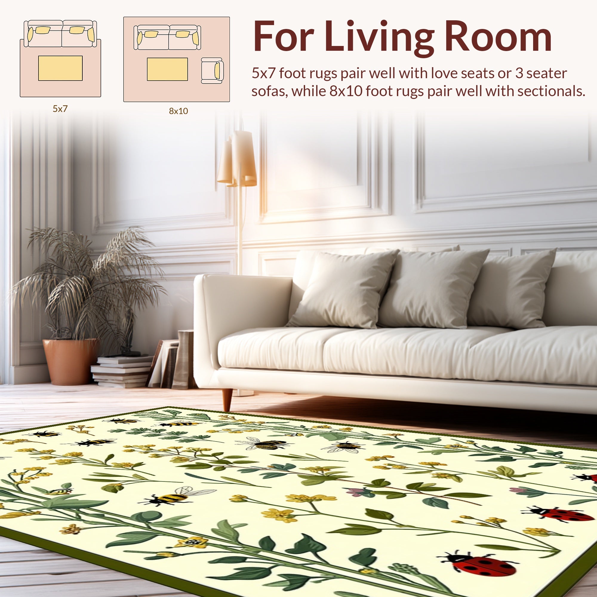 Whimsical Bees and Ladybugs Garden Print Rug