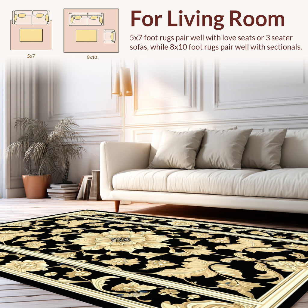 Classic Black Gold Floral Arabesque Rug