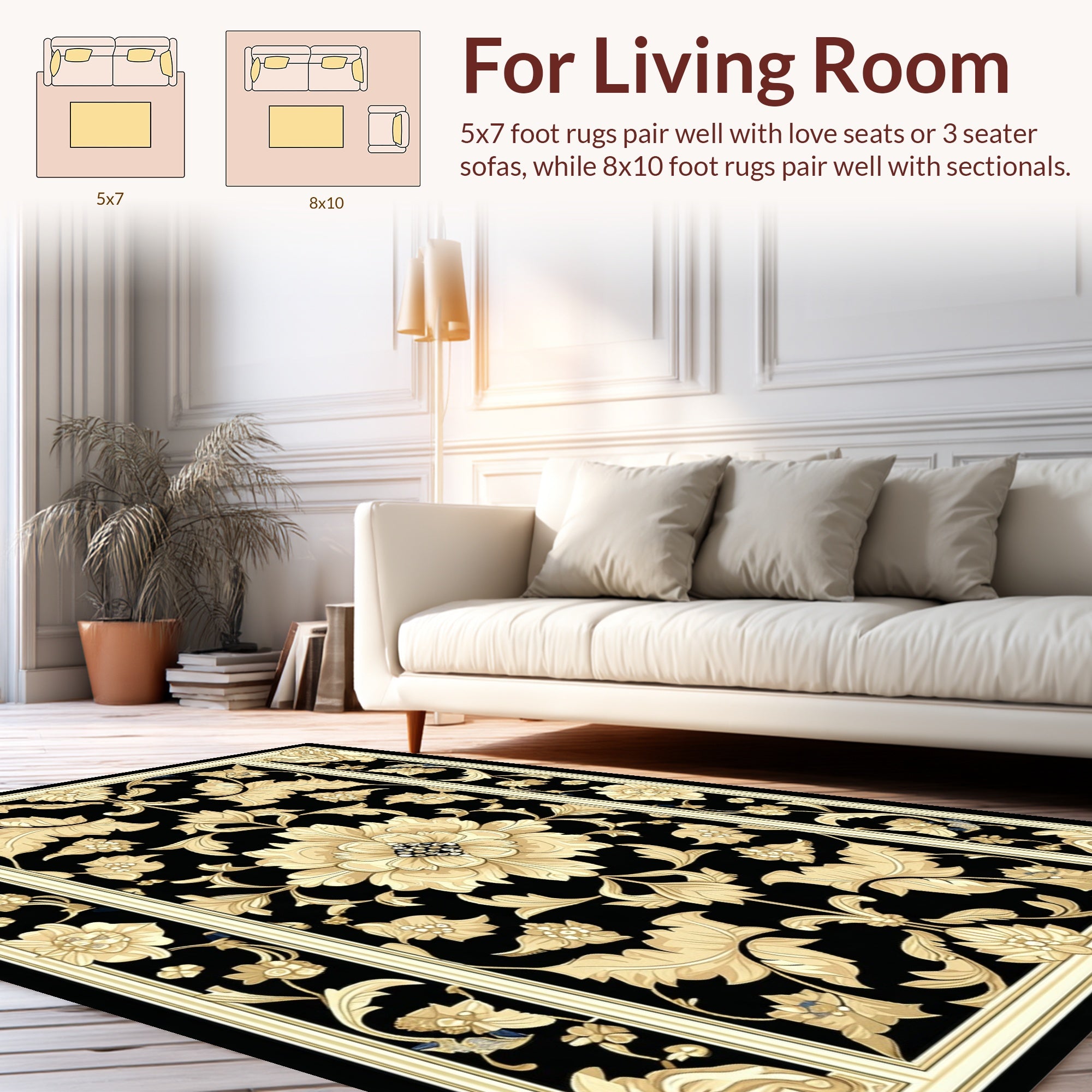Classic Black Gold Floral Arabesque Rug