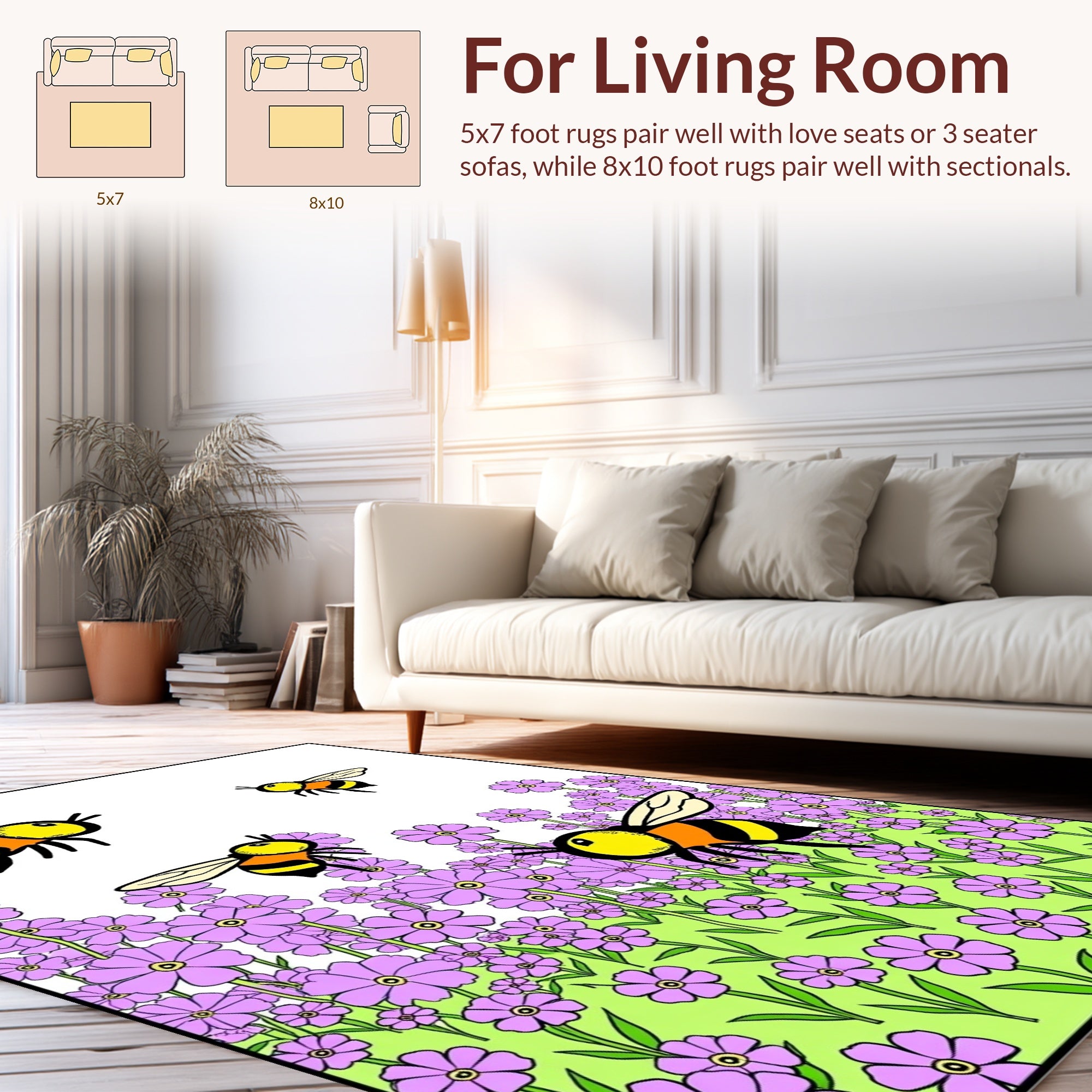 Whimsical Bees Purple Flowers Pattern Rug