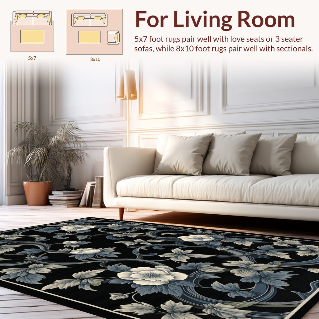 Dark Floral Swirls Botanical Patterned Rug