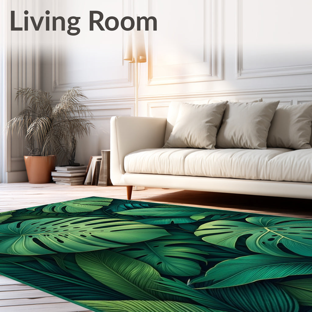 Lush Green Tropical Leafy Pattern Rug