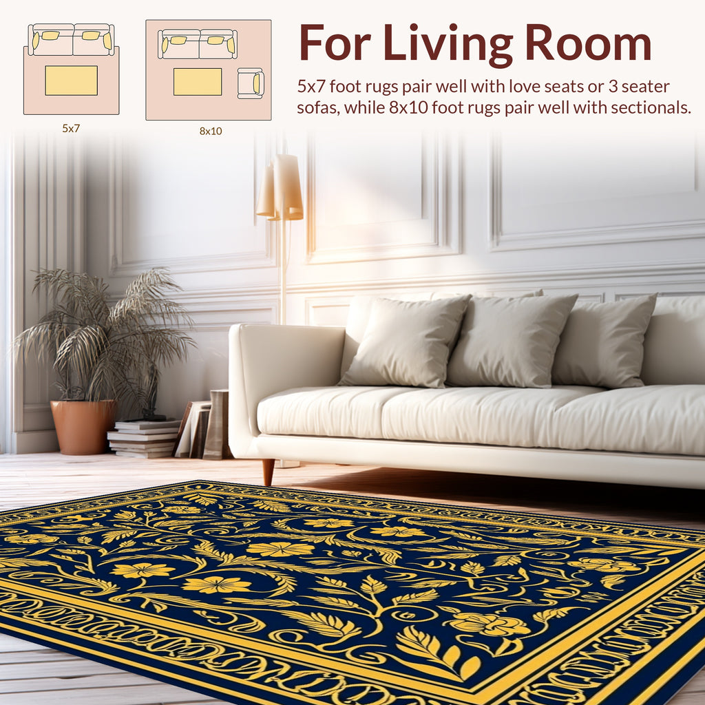 Ornate Blue And Gold Floral Rug
