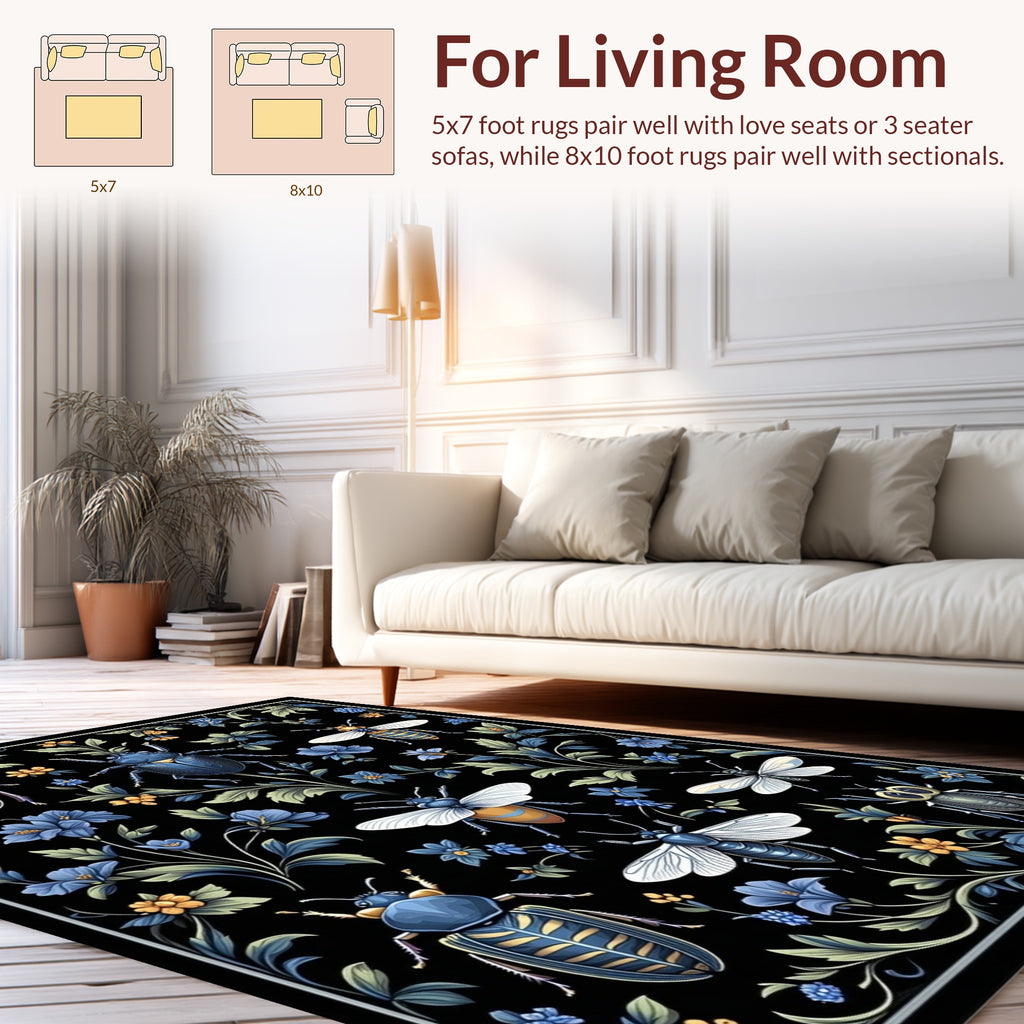 Dark Floral Insect Bug Pattern Rug