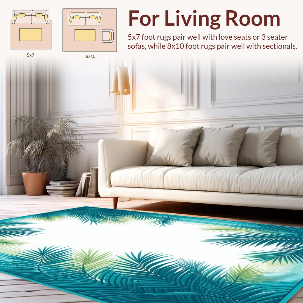 Tropical Palm Leaf Teal Border Rug