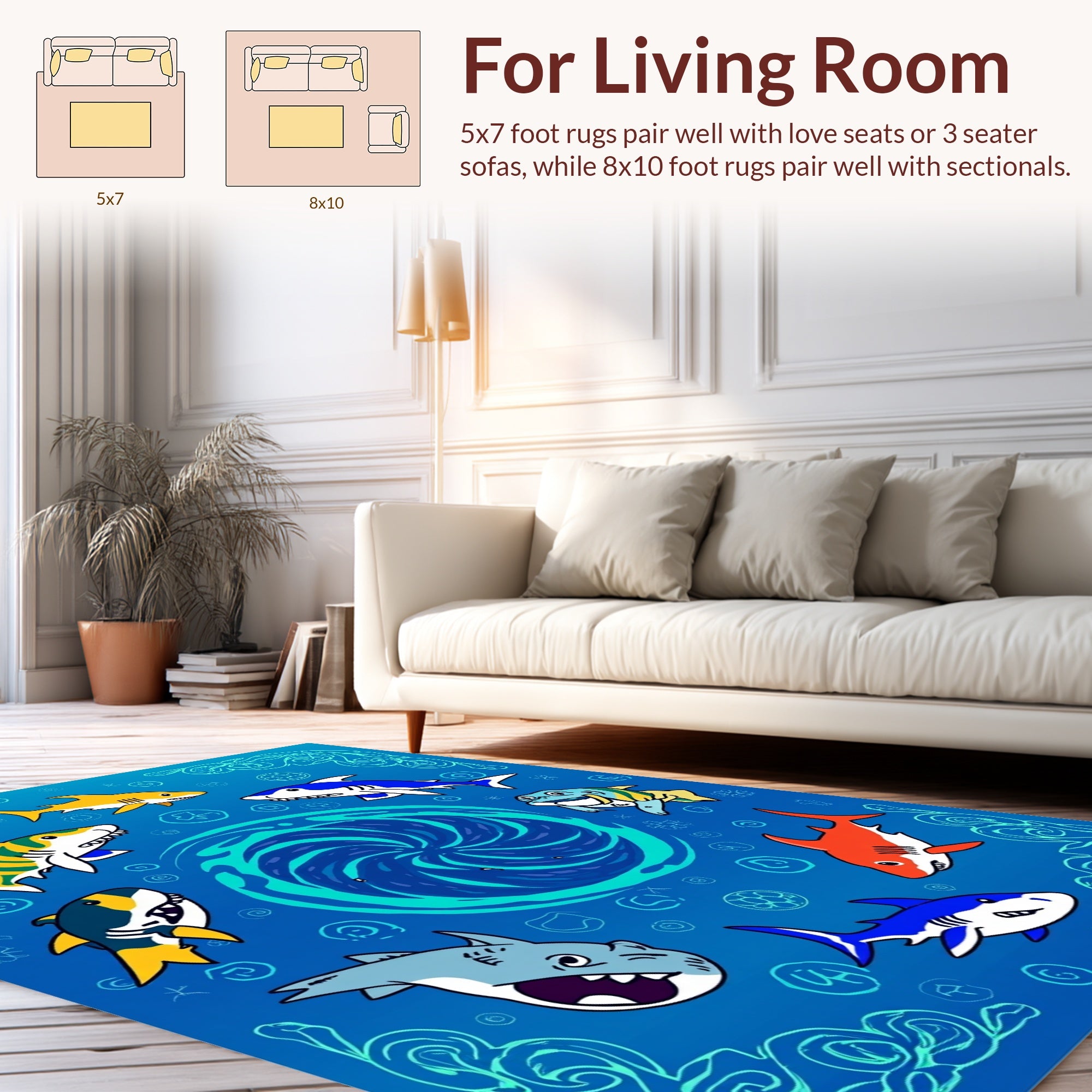 Playful Shark Friends Blue Whirlpool Design Rug