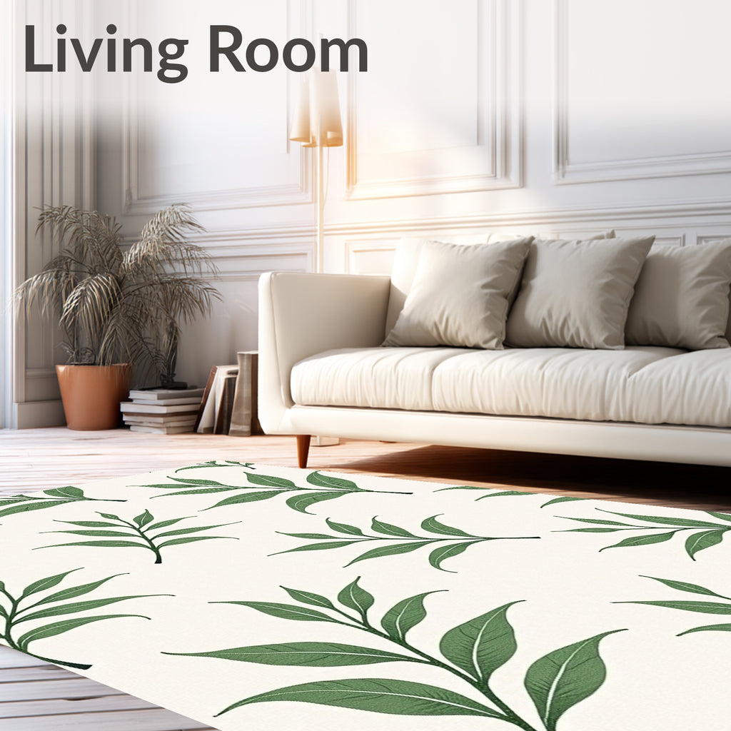 Green Leaf Branches Cream Background Rug