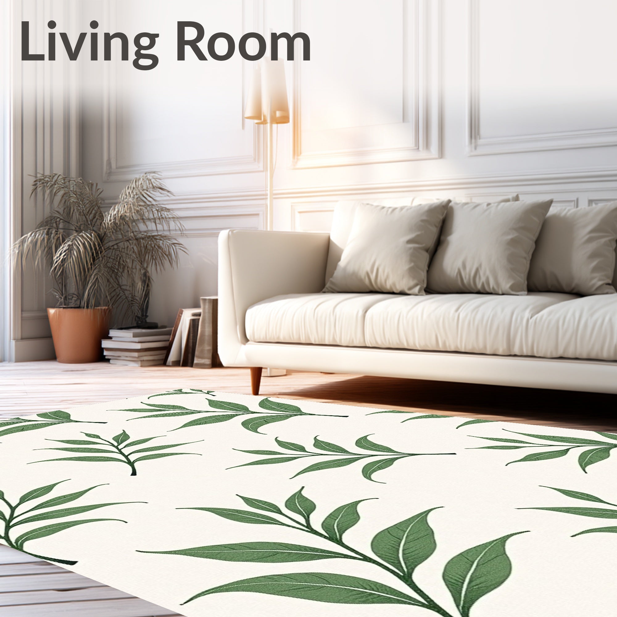 Green Leaf Branches Cream Background Rug
