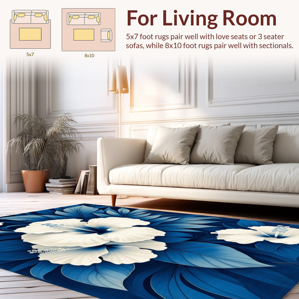 Vibrant White Hibiscus Blue Foliage Art Rug