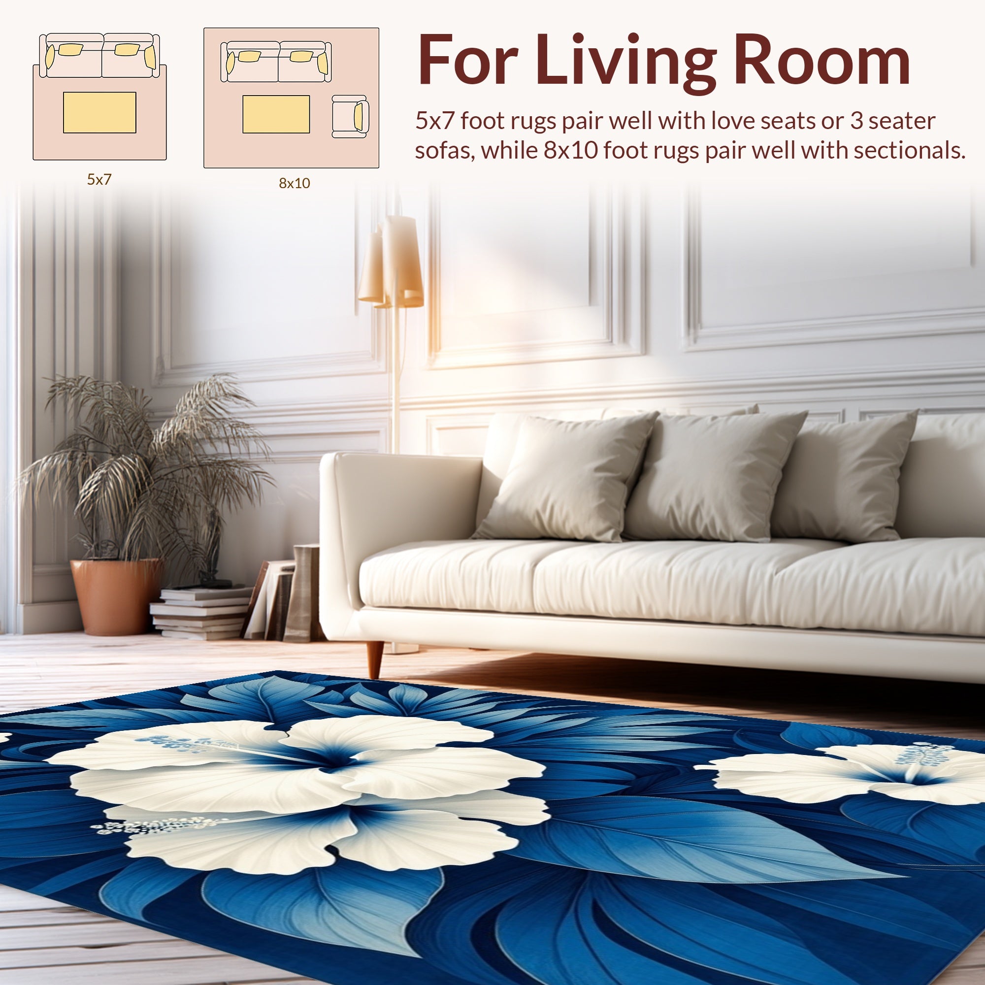 Vibrant White Hibiscus Blue Foliage Art Rug