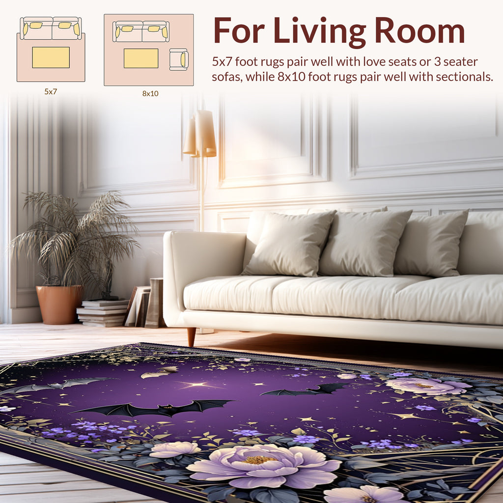 Whimsical Bats Floral Night Sky Rug