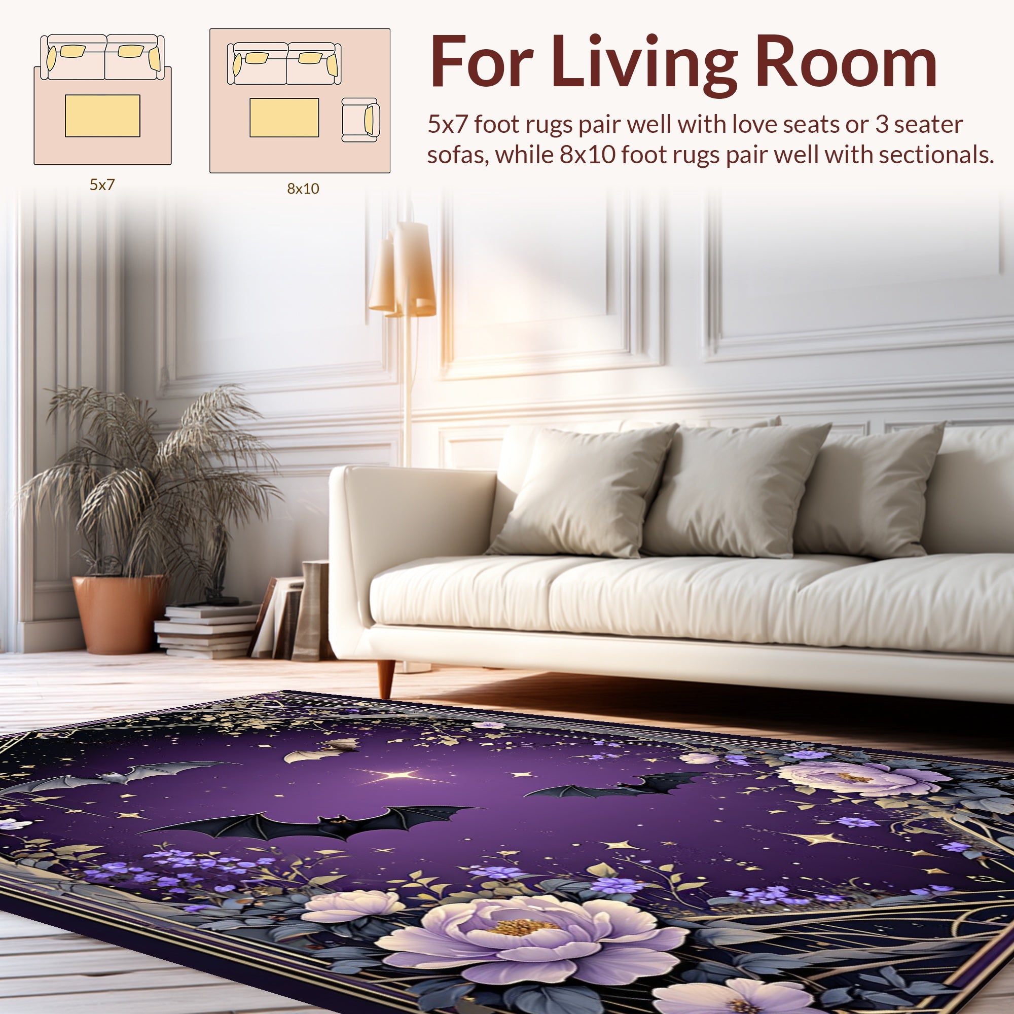 Whimsical Bats Floral Night Sky Rug