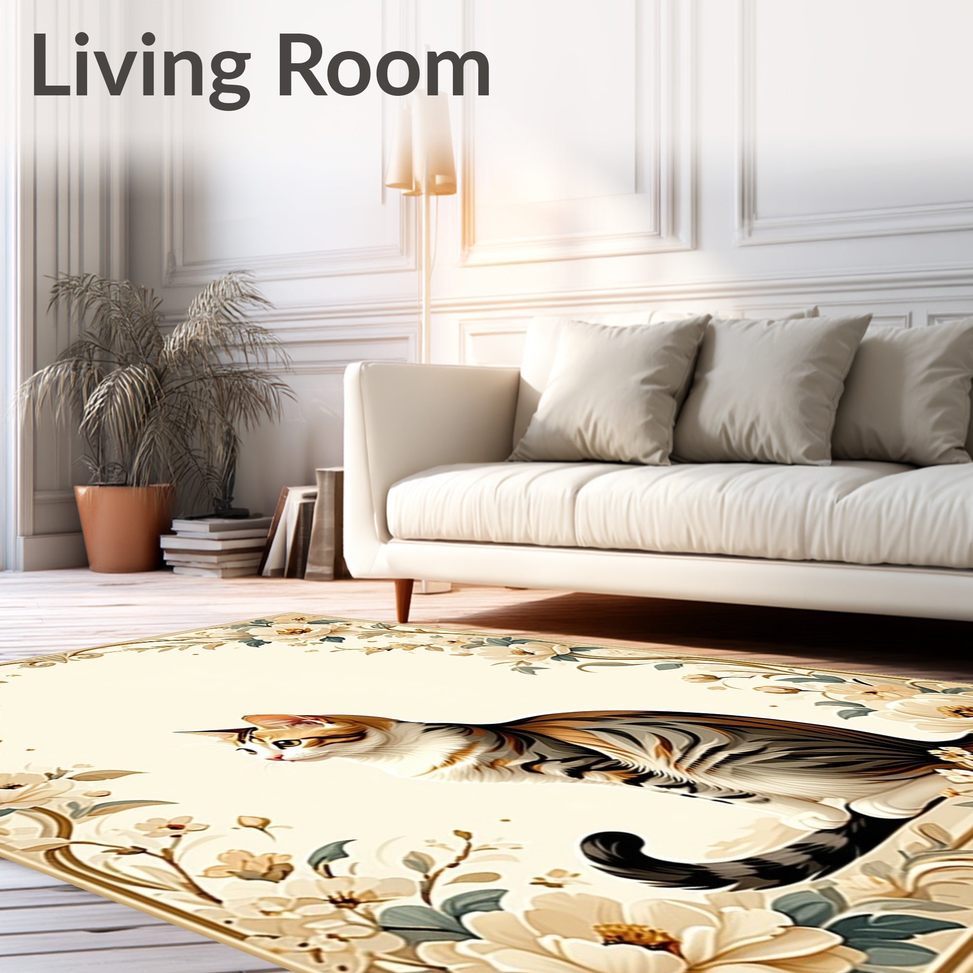 Floral Cat Archway Cream and Gold Rug