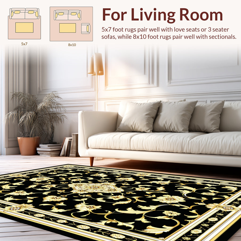 Black Gold Floral Medallion Rug