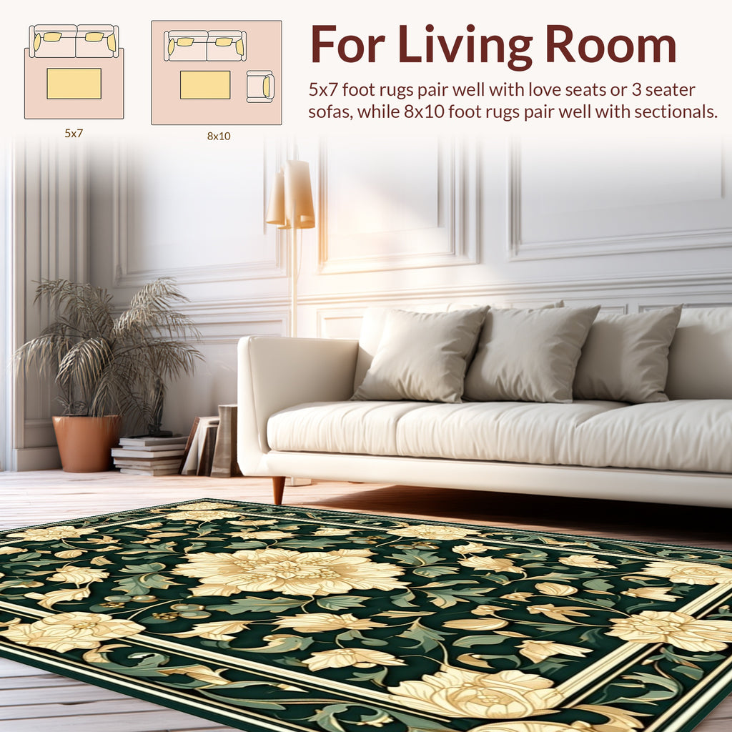 Cream Emerald Floral Frame Rug
