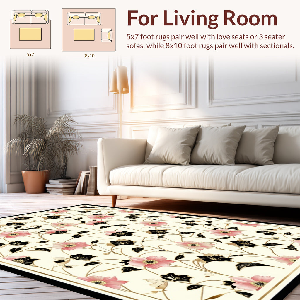 Pink Black Floral Vines Pattern Rug