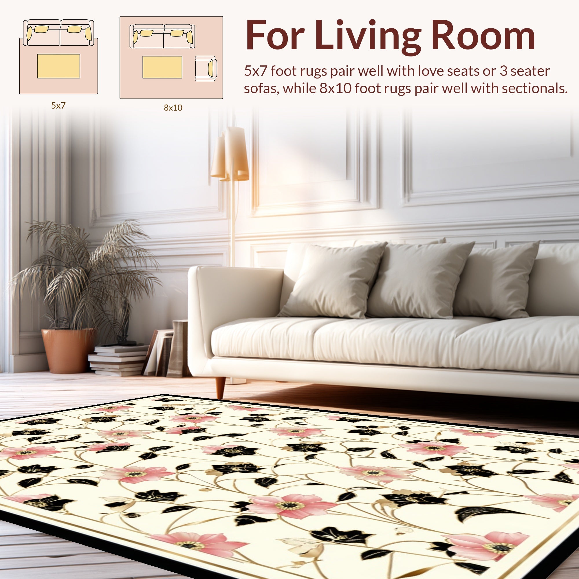 Pink Black Floral Vines Pattern Rug