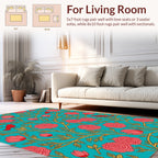 Floral Bird Branch Patterned Teal Rug