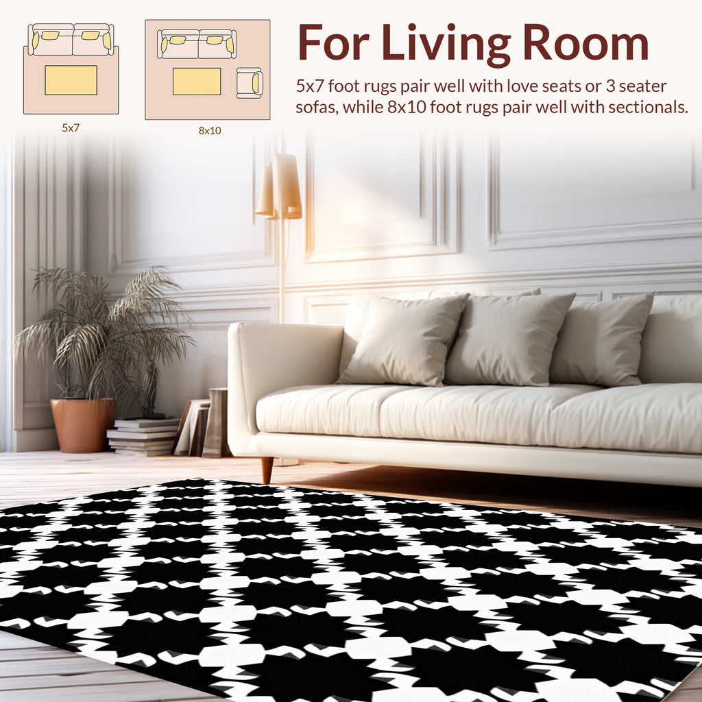 Bold Black White Starburst Pattern Rug