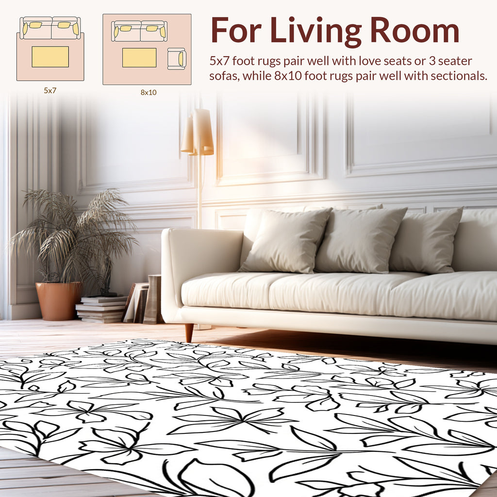 Black White Outline Botanical Pattern Rug