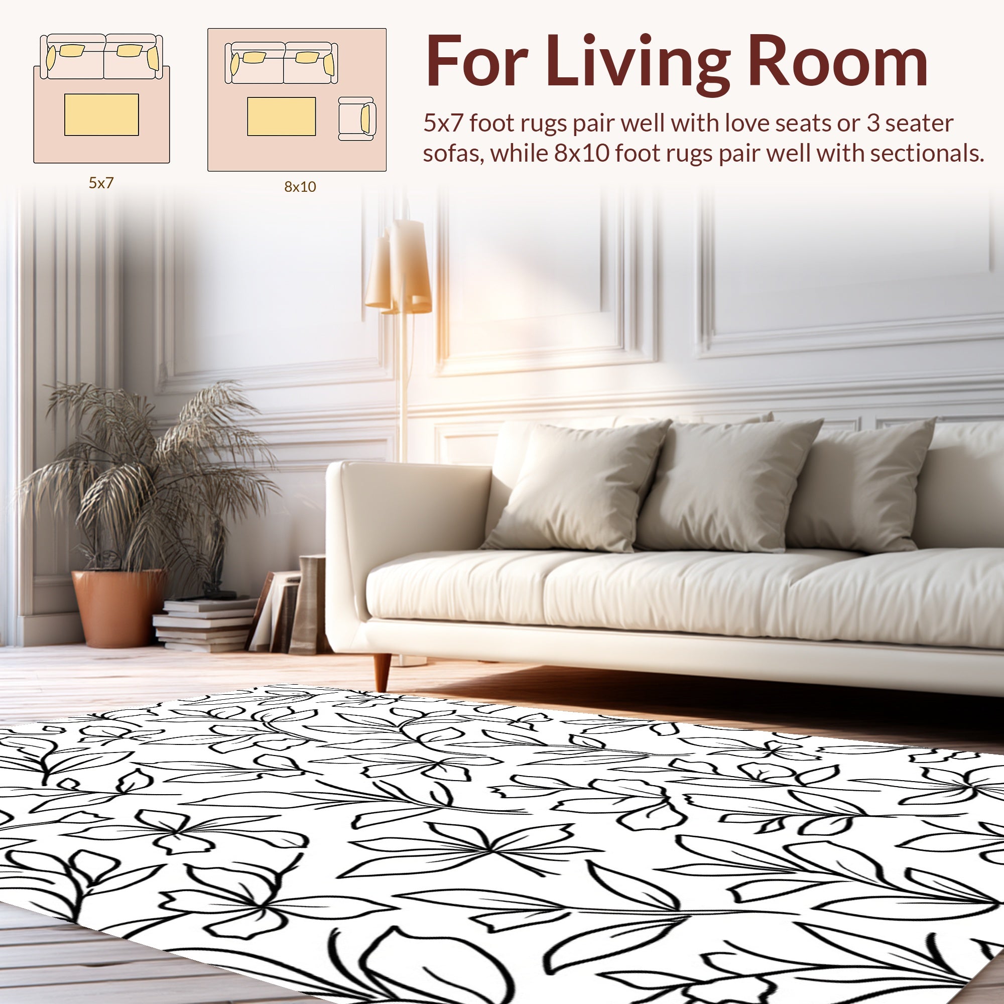 Black White Outline Botanical Pattern Rug