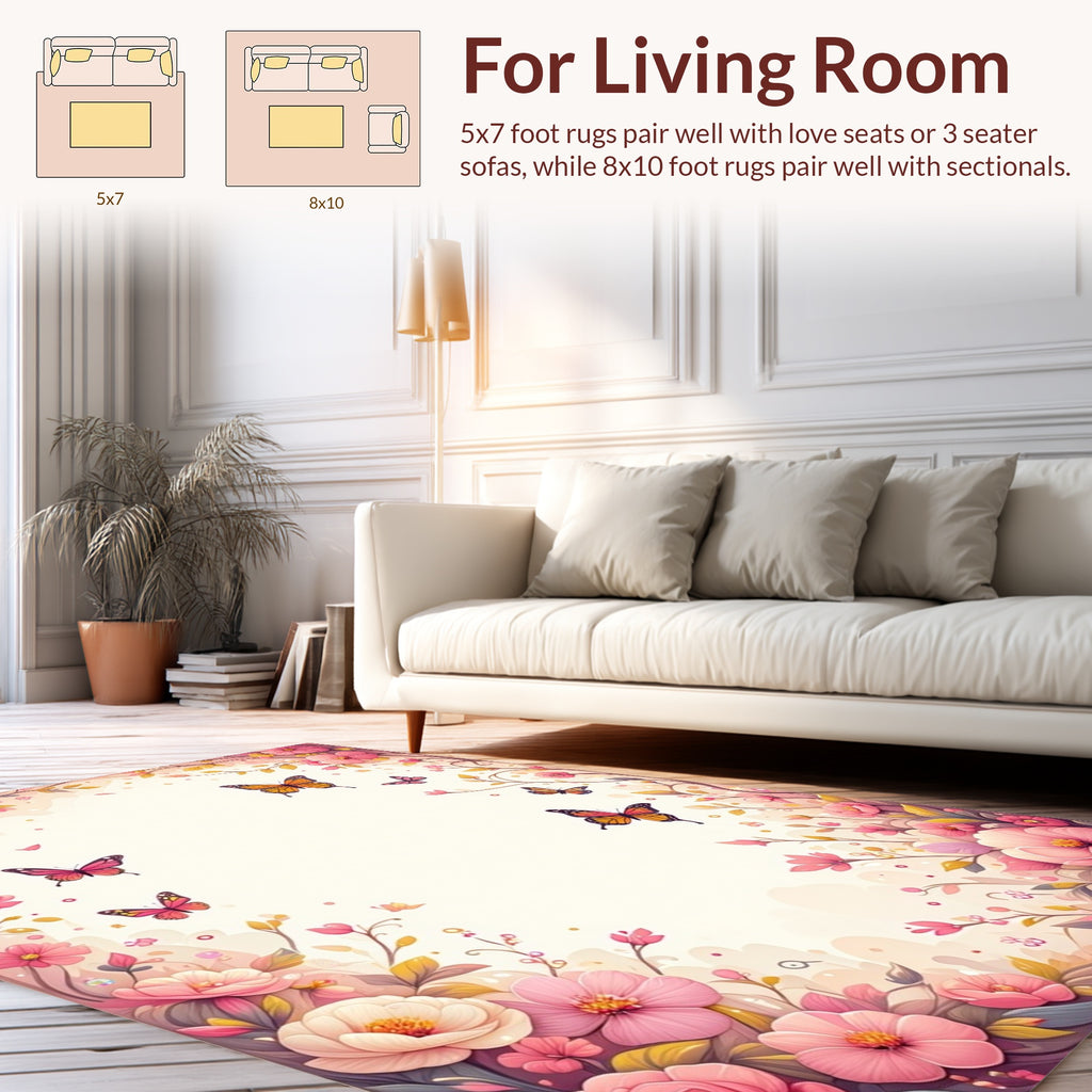 Whimsical Pink Floral Butterfly Garden Rug
