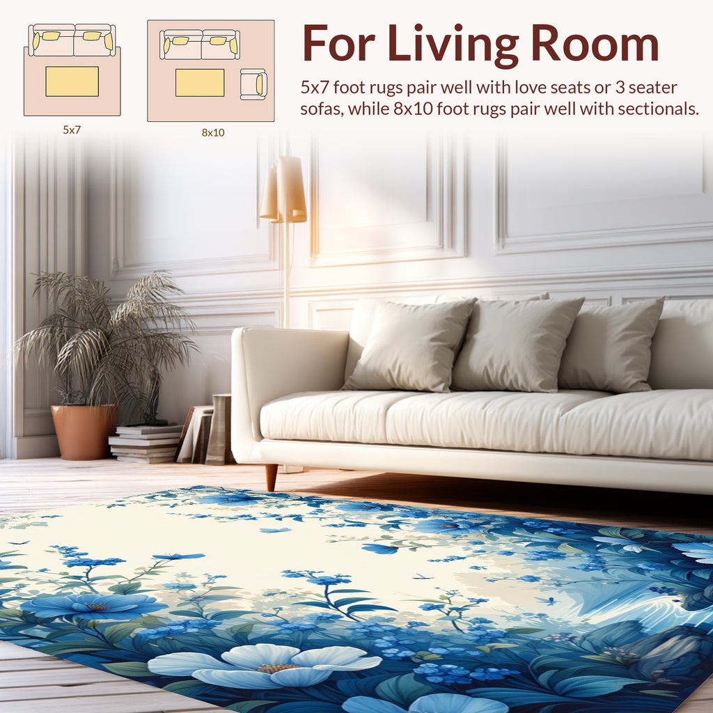 Vibrant Blue Floral Butterfly Garden Rug