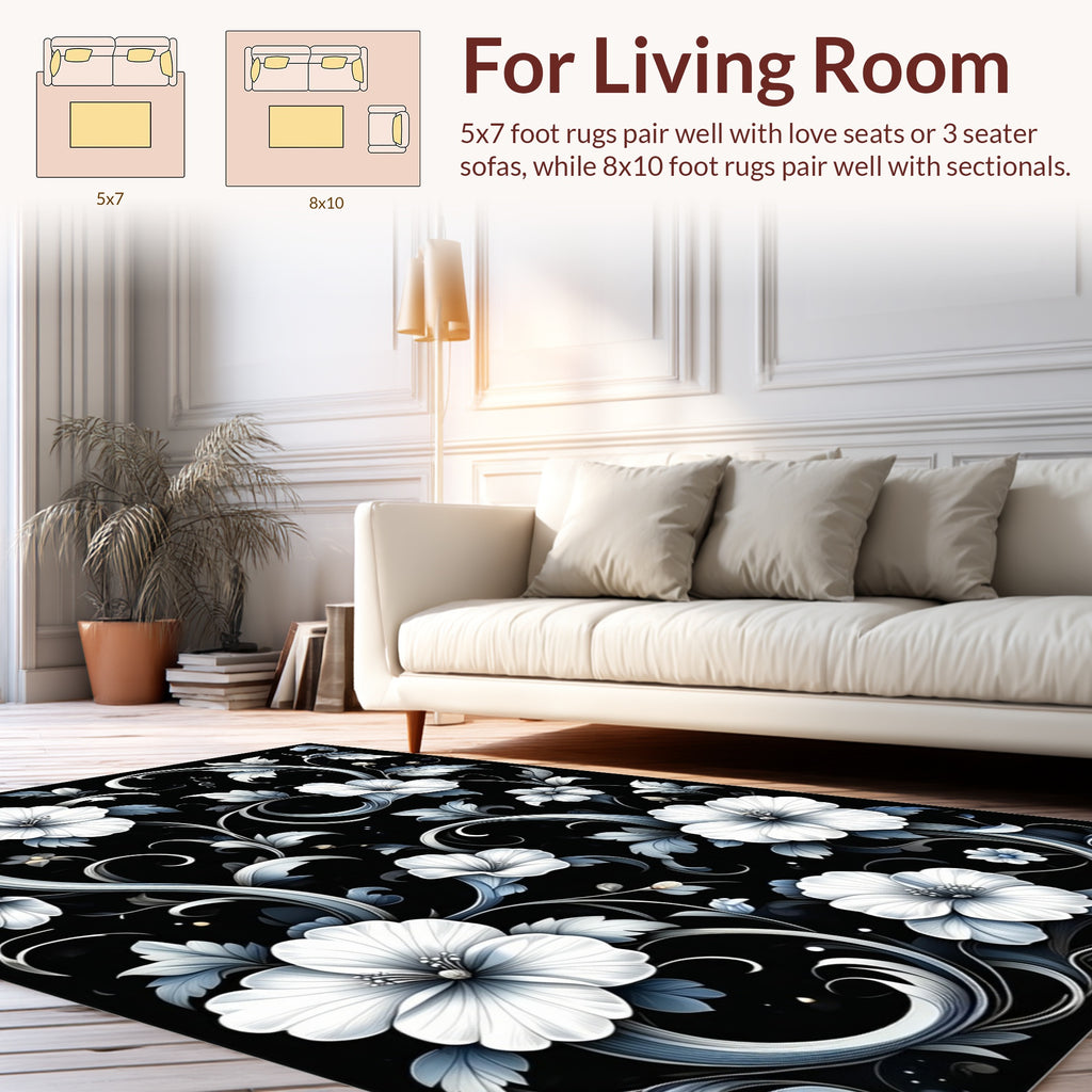 Elegant White Floral Swirls Pattern Rug