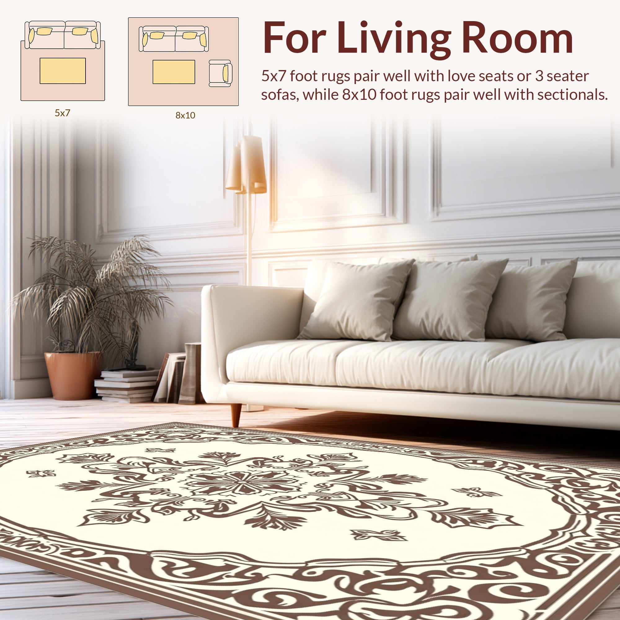 Ornate Floral Scrollwork Brown Cream Rug