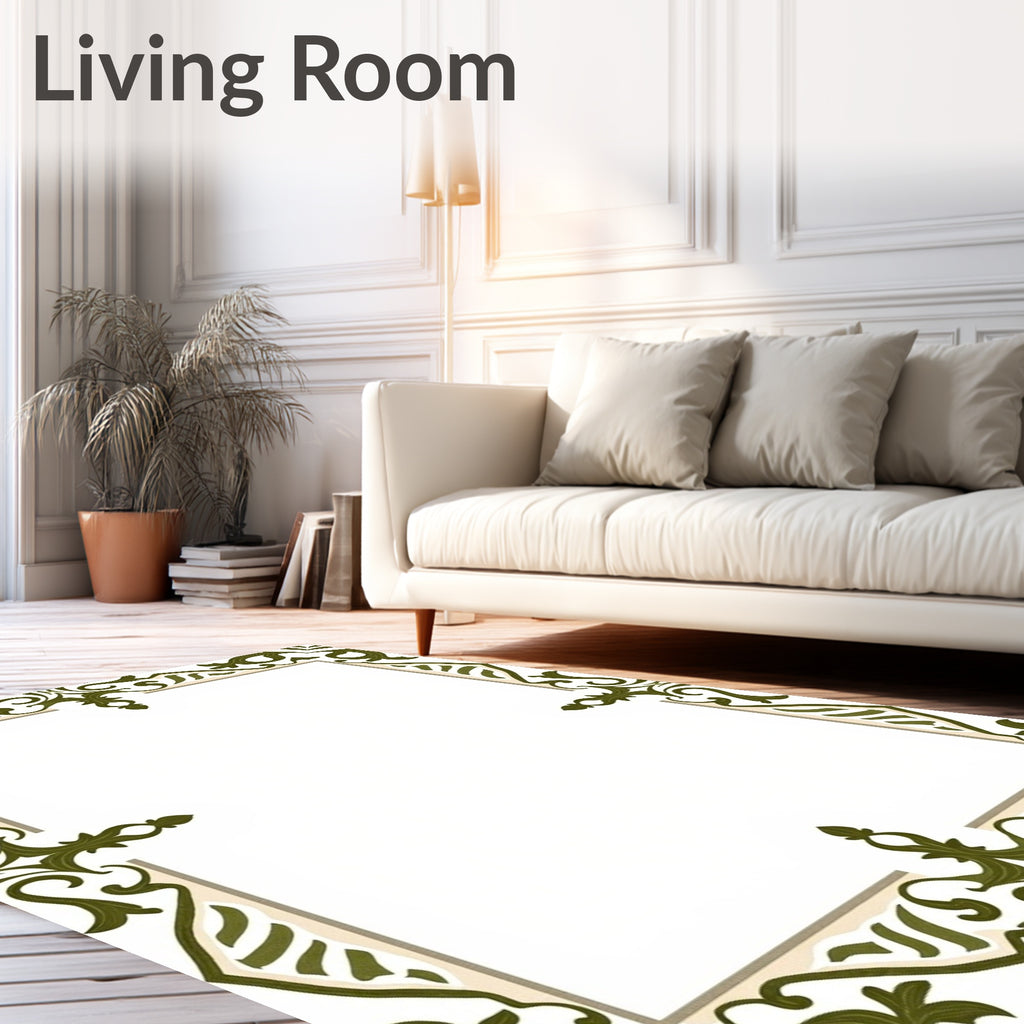 Ornate Olive Green Scrollwork Border Rug