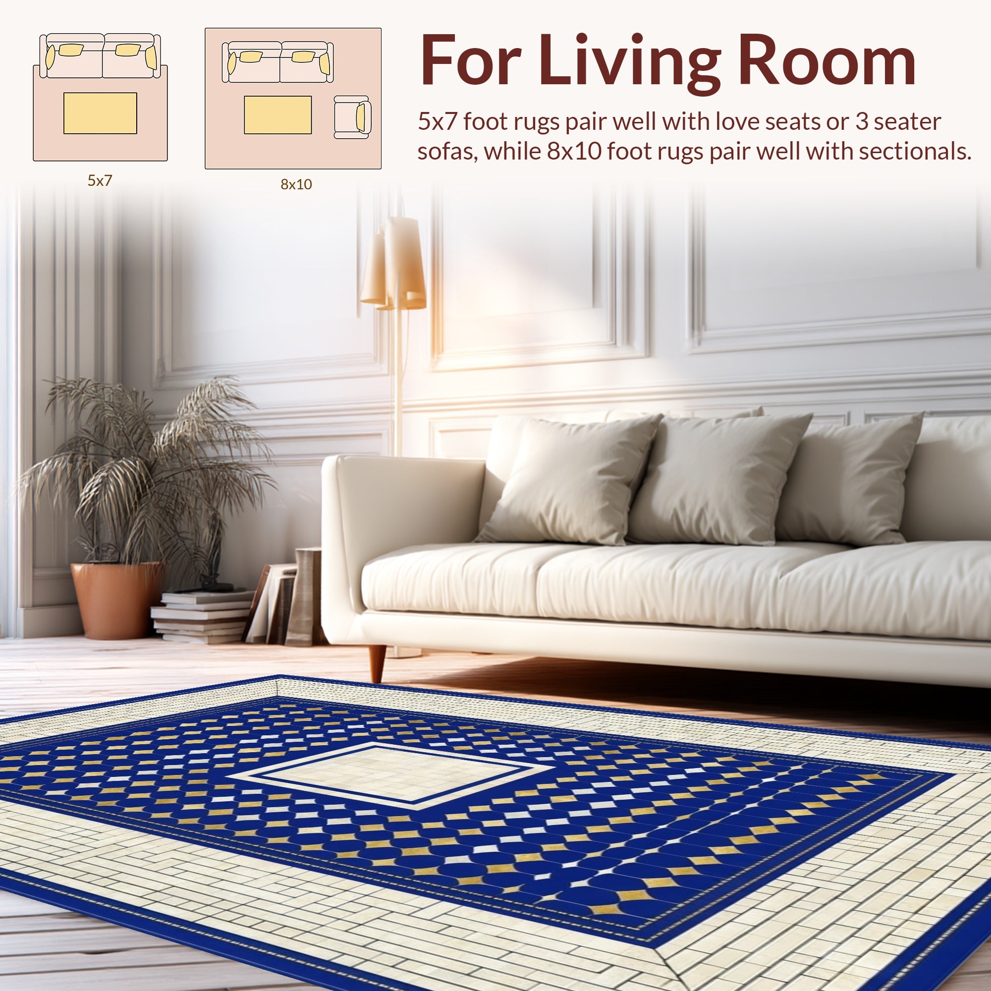 Classic Blue Gold Geometric Tile Rug