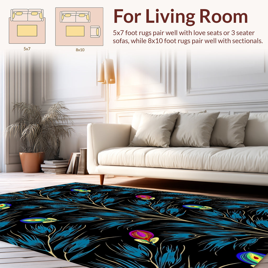 Elegant Blue Feather And Floral Pattern Rug