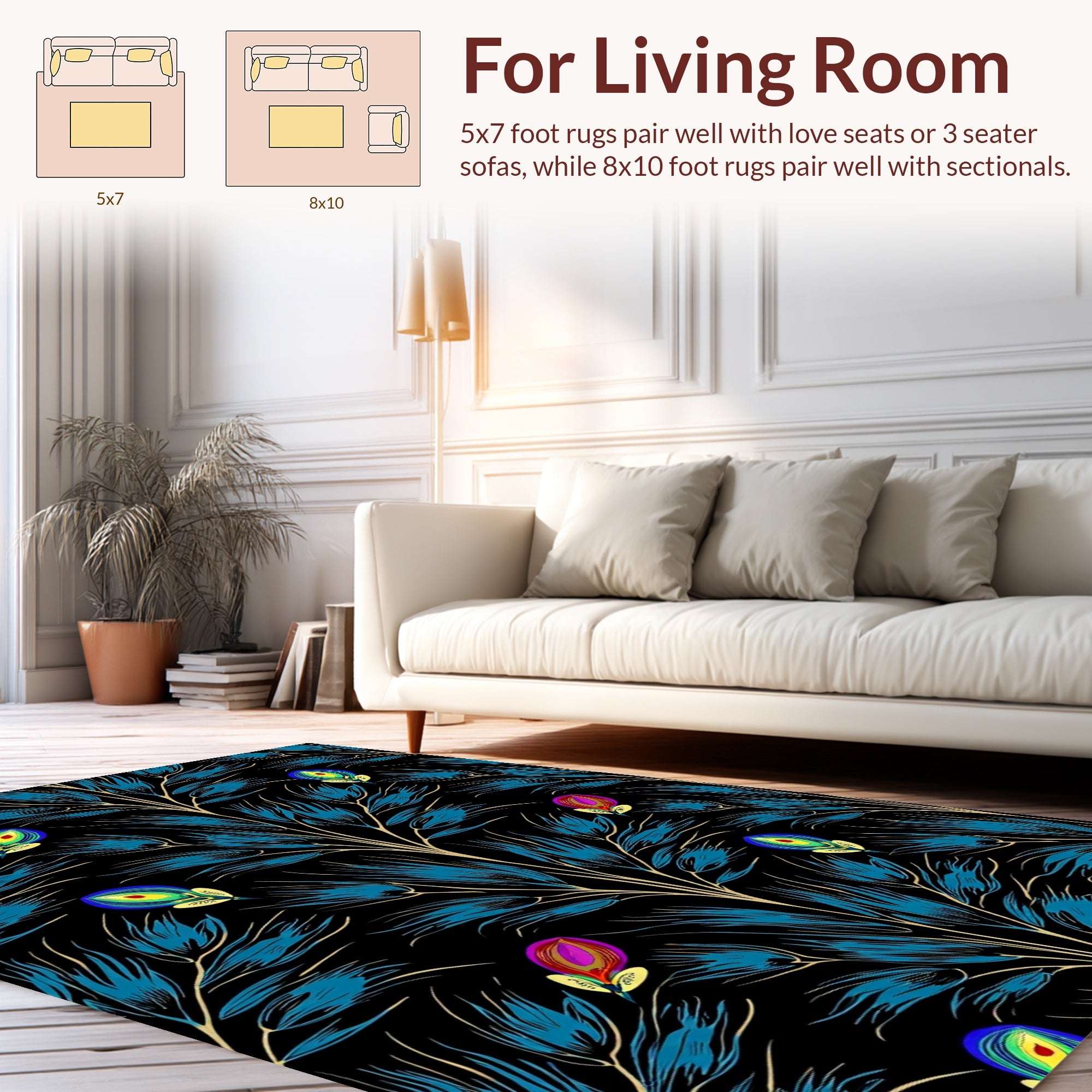 Elegant Blue Feather And Floral Pattern Rug