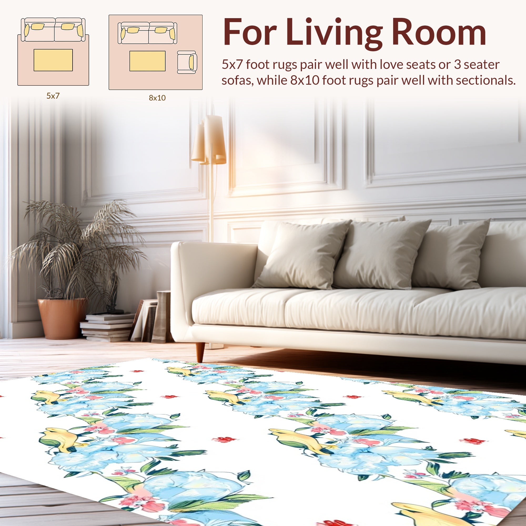 Birds and Blue Peony Floral Pattern Rug