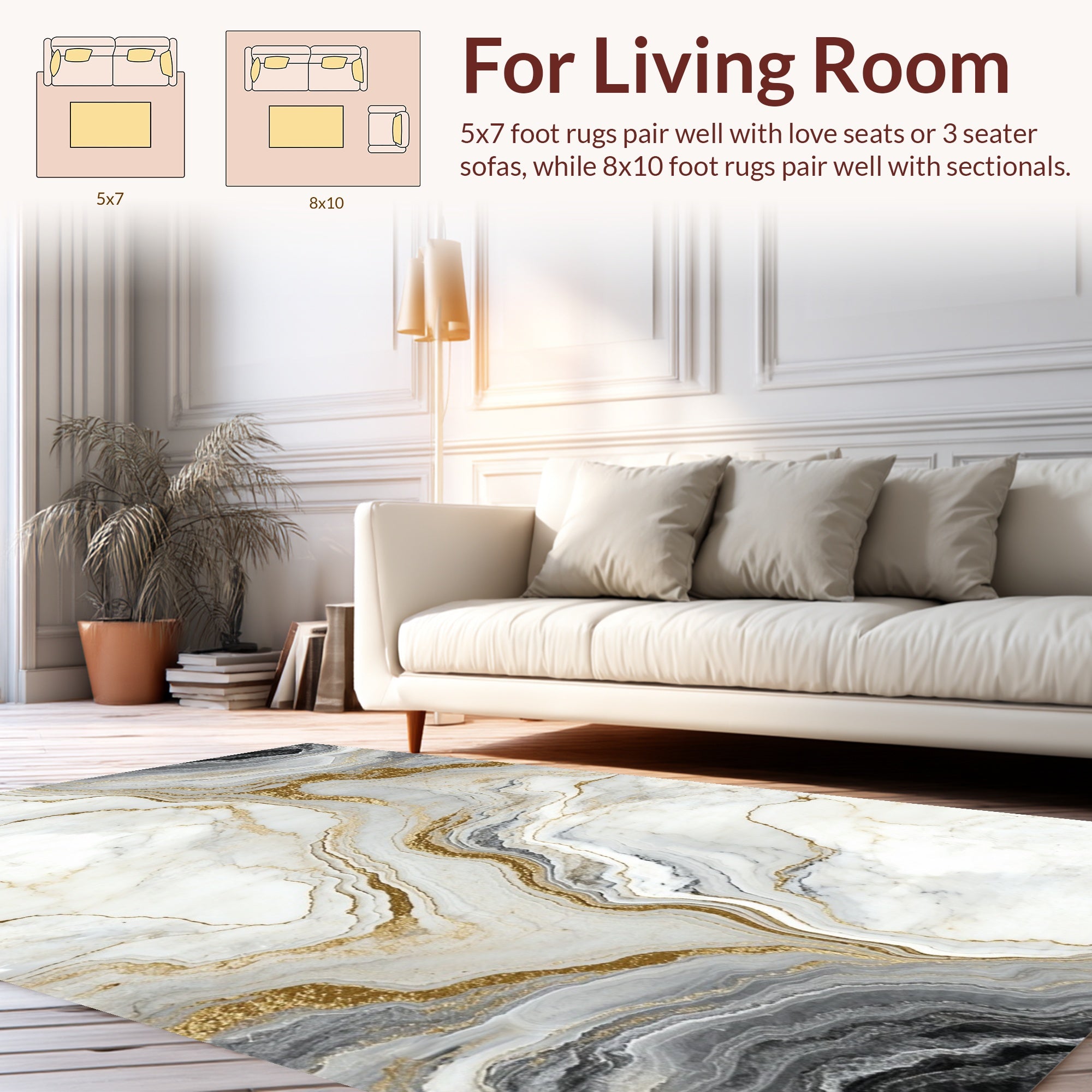 Elegant White Black Gold Veined Stone Rug