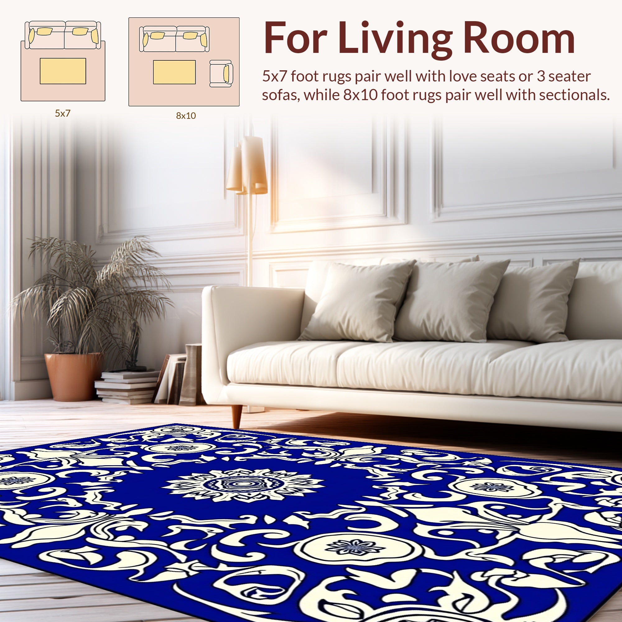Royal Blue Floral Scroll Pattern Rug