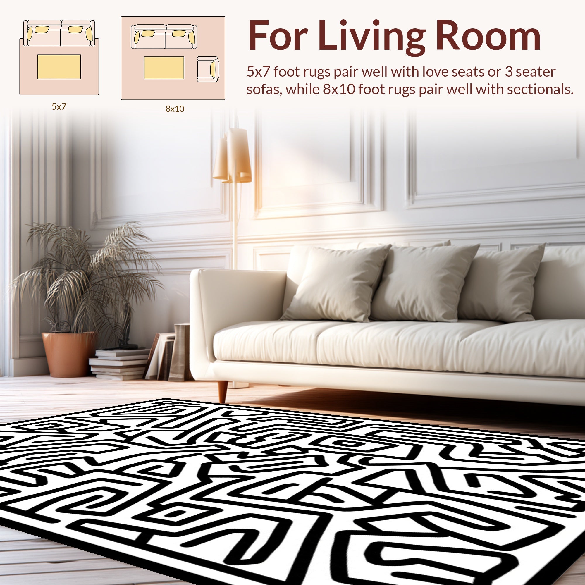 Abstract Black White Labyrinth Pattern Rug