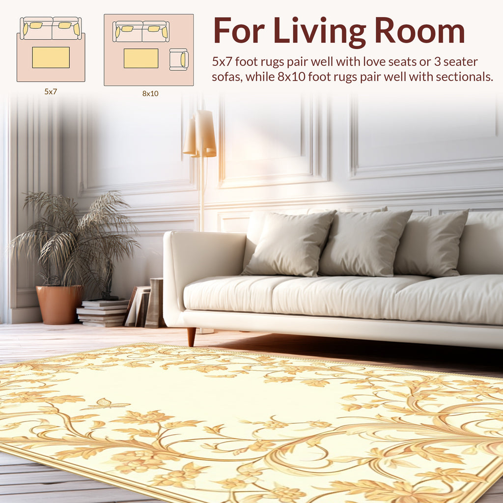 Golden Floral Scrollwork Butterfly Pattern Rug