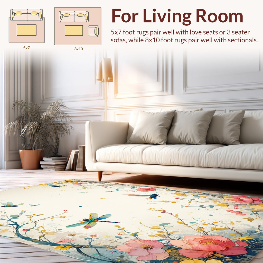 Whimsical Dragonfly Floral Garden Design Rug