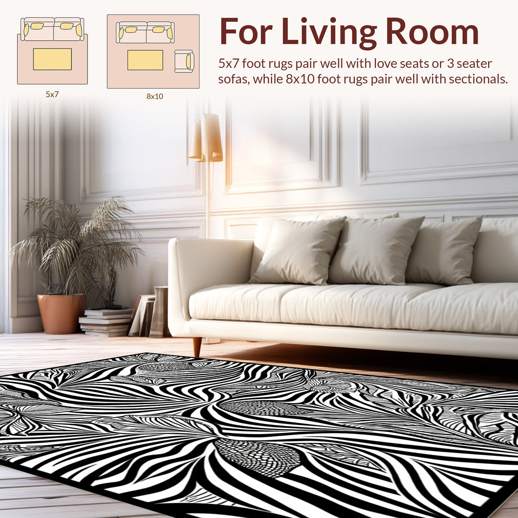 Bold Black White Floral Waves Rug