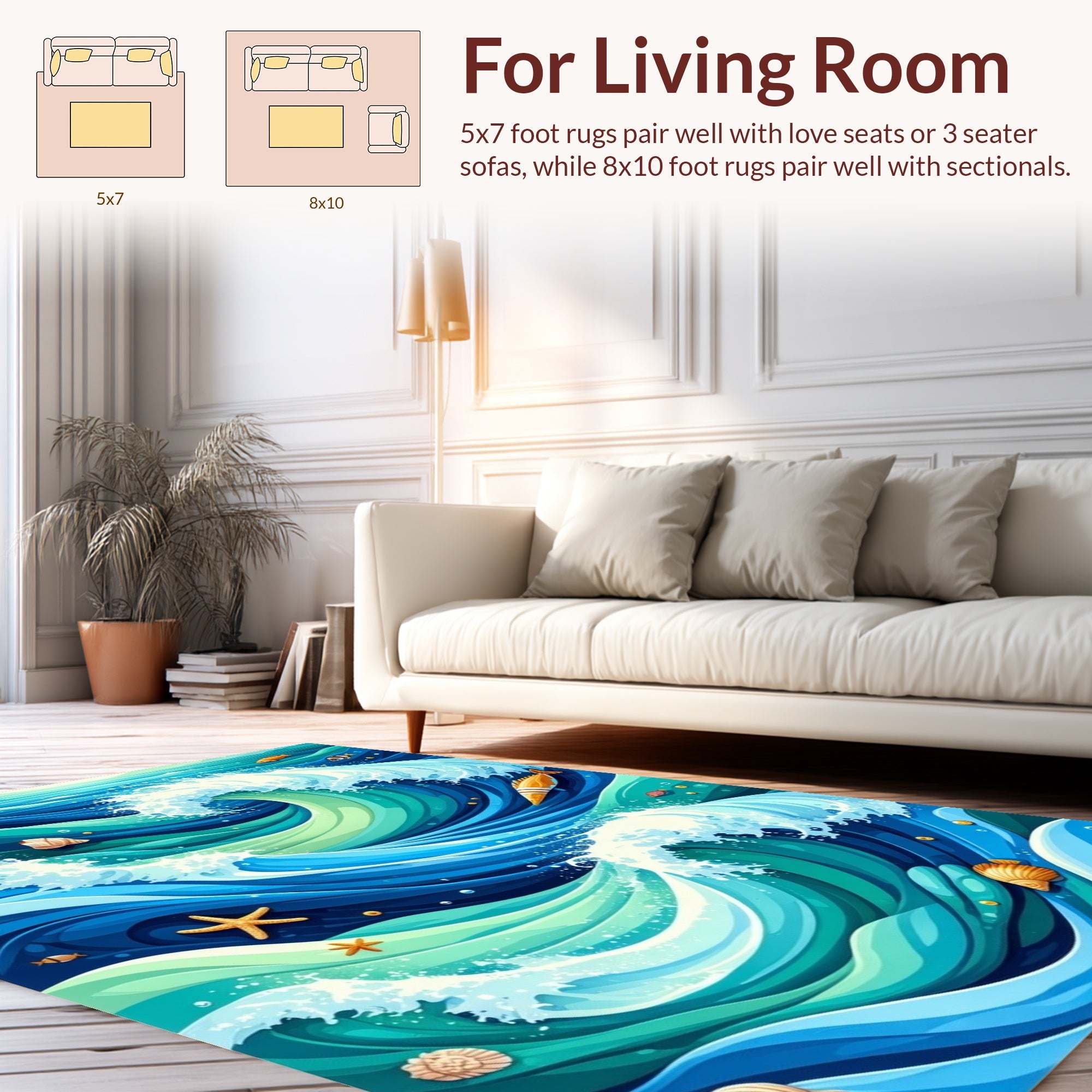 Vibrant Ocean Waves with Marine Life Rug