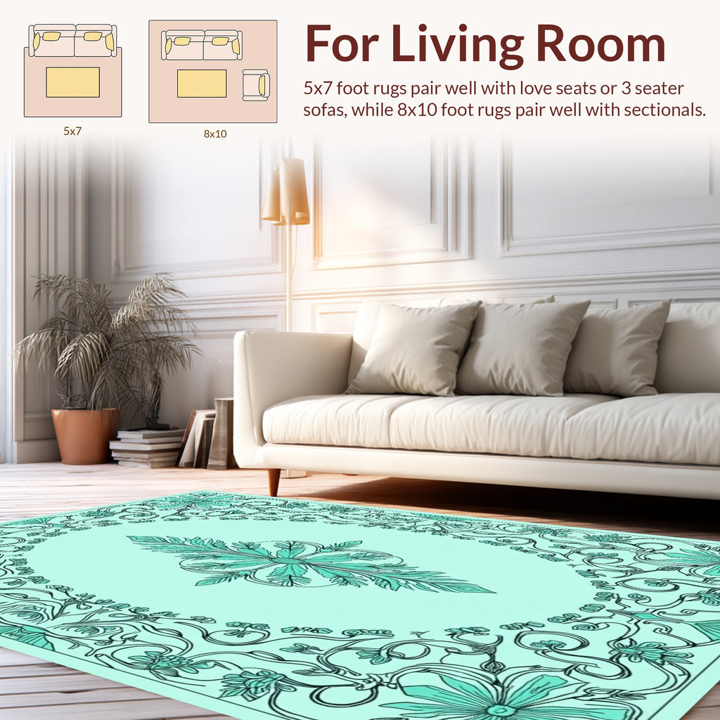 Aqua Floral Border Vine Design Rug