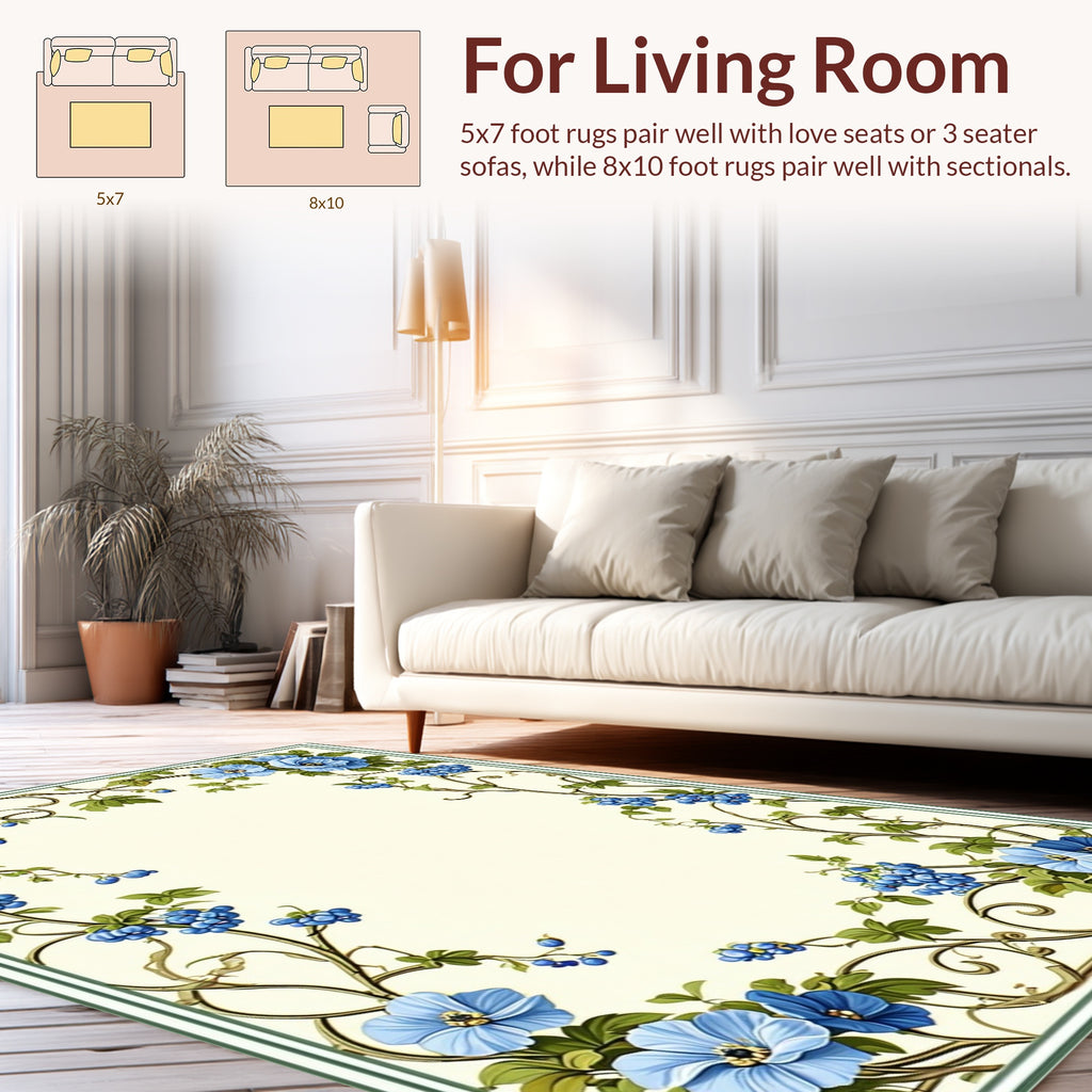 Blue Floral Vine With Berries Design Rug