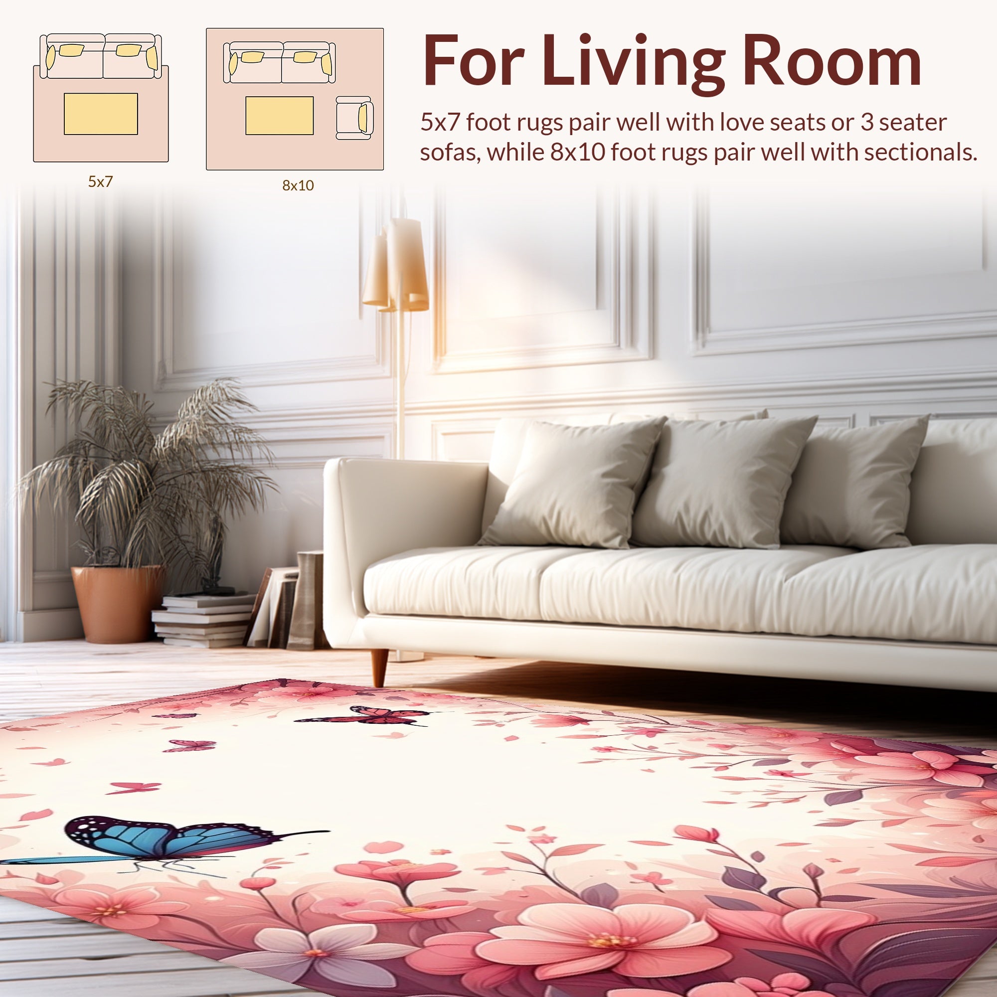 Pink Floral Butterflies Garden Scene Rug