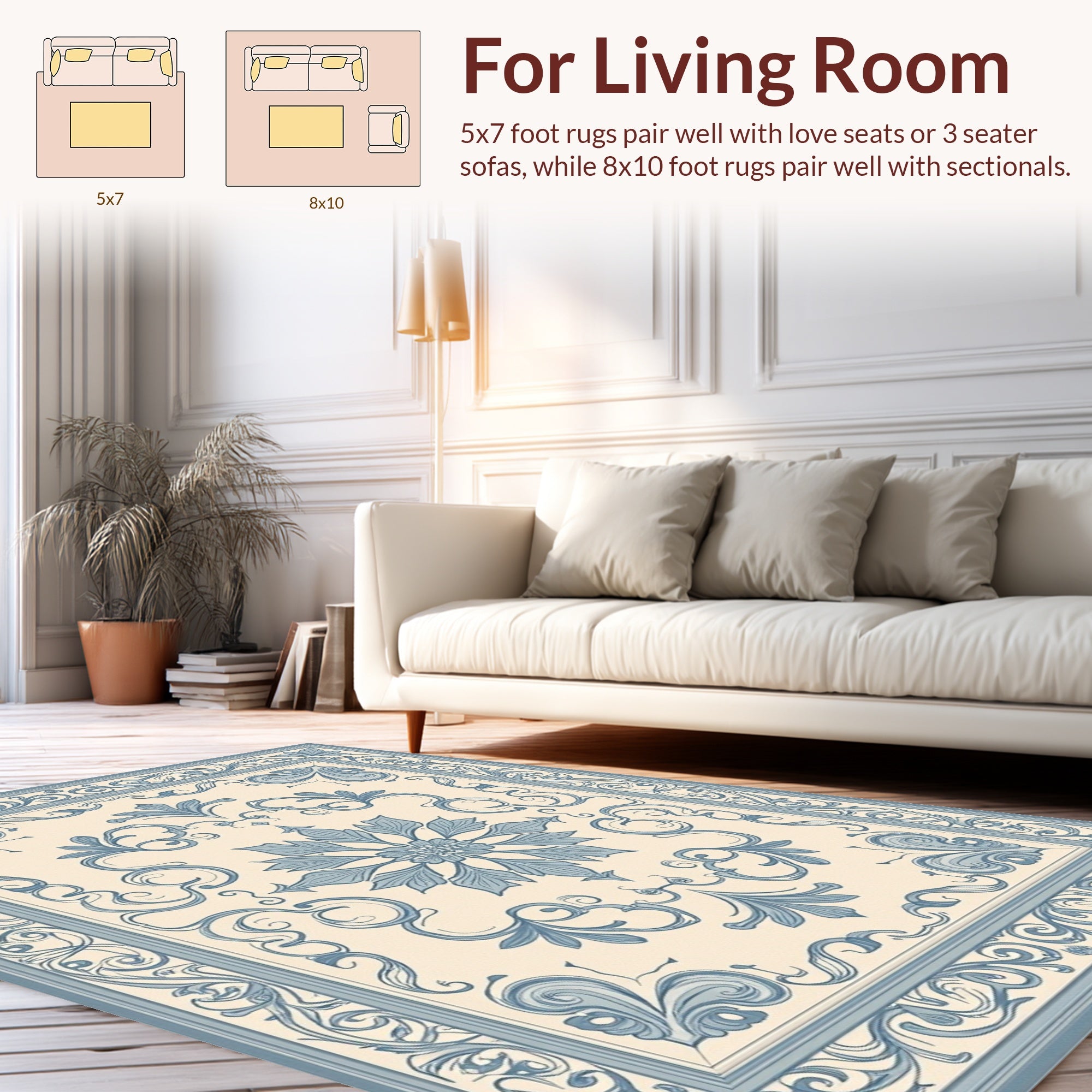 Blue Floral Medallion Scroll Patterned Rug