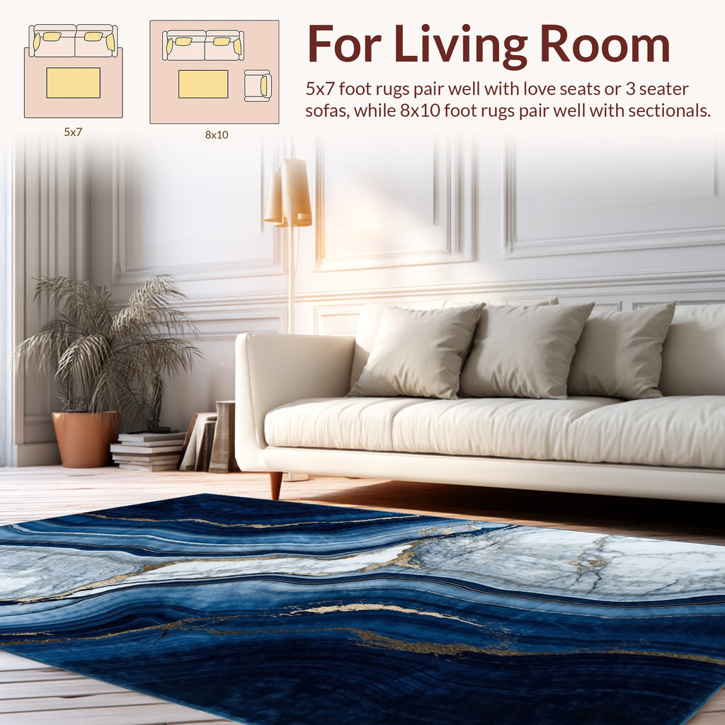 Deep Blue Marble Veined Gold Accent Rug