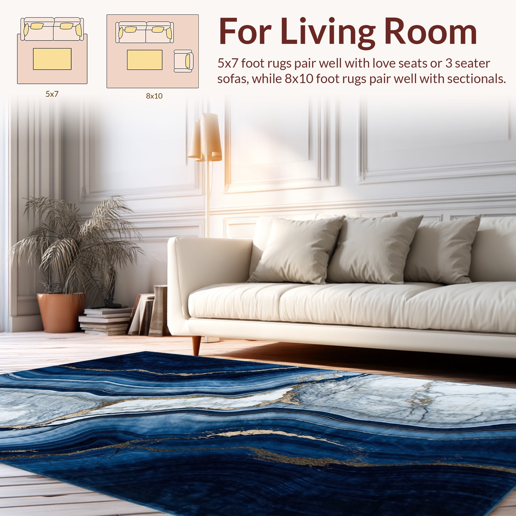 Deep Blue Marble Veined Gold Accent Rug